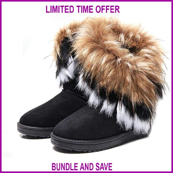 Faux Fur Tassel Winter Snow Boots Suede Flat Ankle Booties - Picture 1 of 4